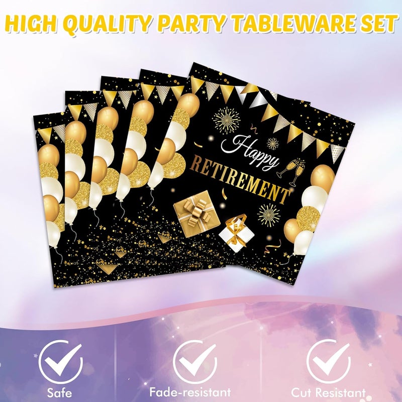 SNIMICS 41PCS Retirement Decorations For Men Black and Gold Disposable Tablerware Decoration Favors Including Napkins Plates Tablecloth Set for Women Men Serves 20 - Image 4